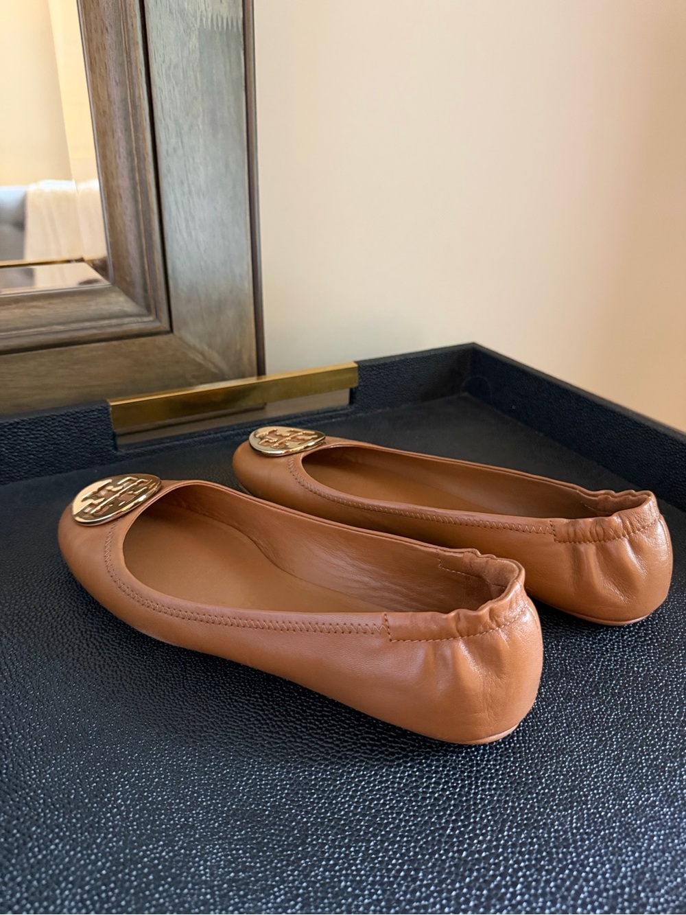 Tory Burch Brown Leather Ballet Flats with Gold Logo Medallion - Picture 4 of 6